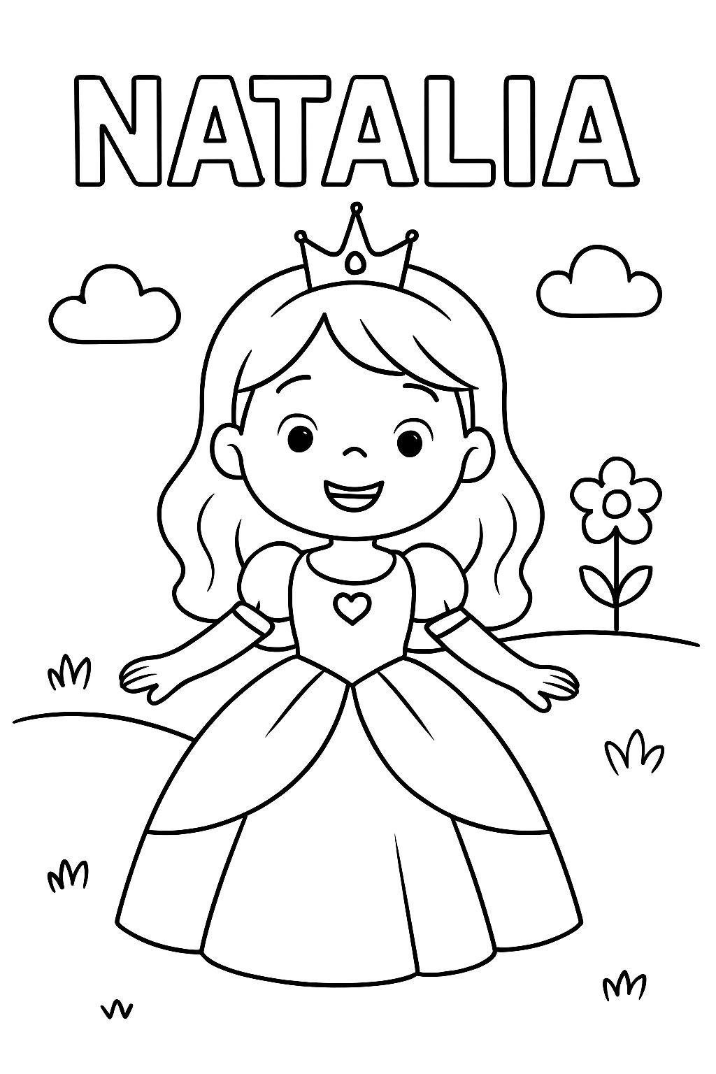 Der Name Natalia und ein Mädchen in einem Prinzessinnenkleid.