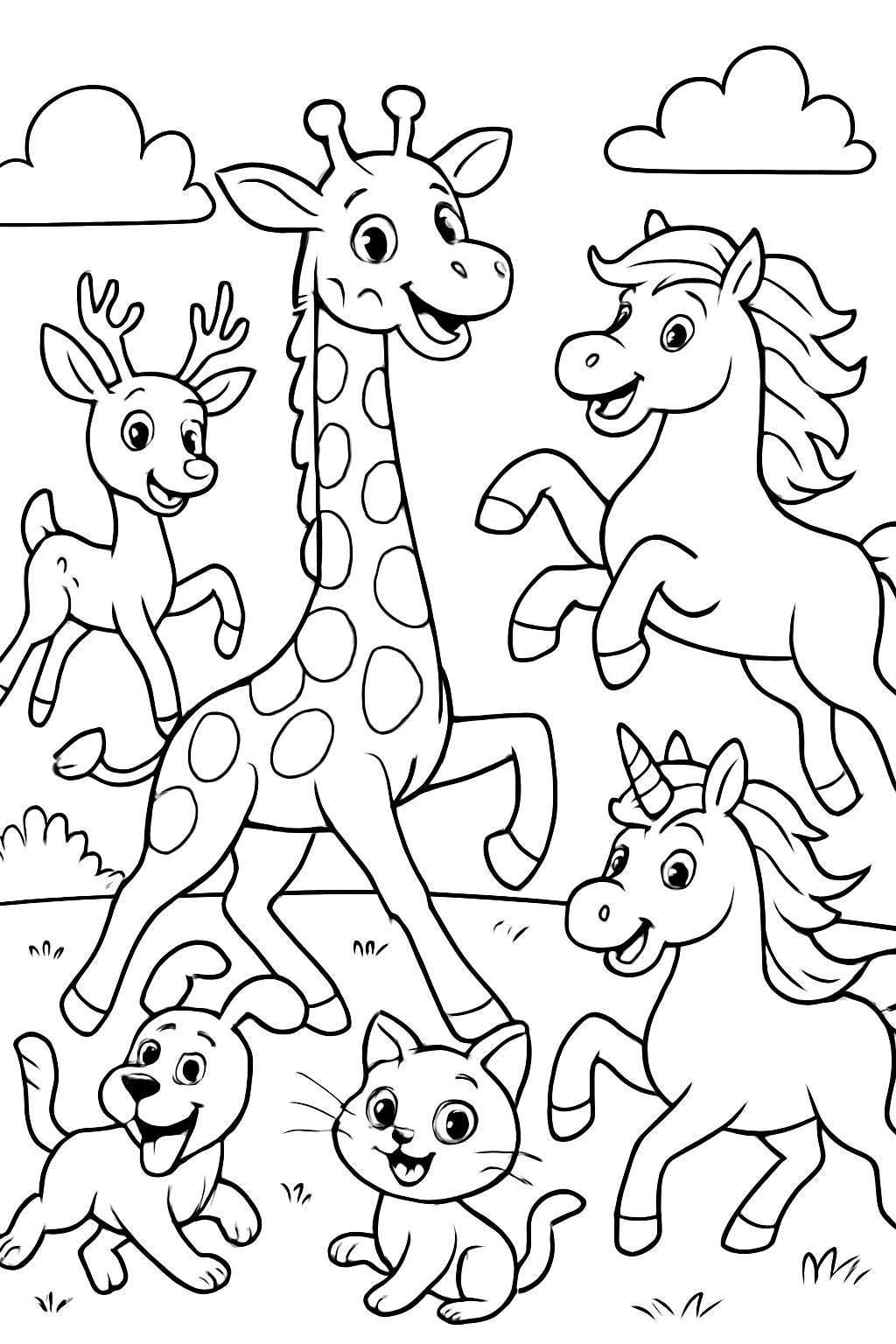 giraffe, horse, deer, dog, cat and unicorn