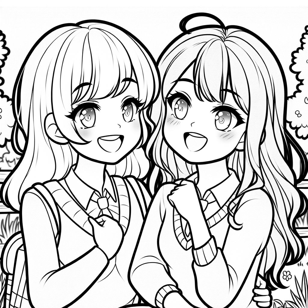 Una niña: cabello hasta los hombros, una niña con cabello hasta el pecho y flequillo, mejores amigas Una niña: cabello hasta los hombros, una niña con cabello hasta el pecho y flequillo, mejores amigas