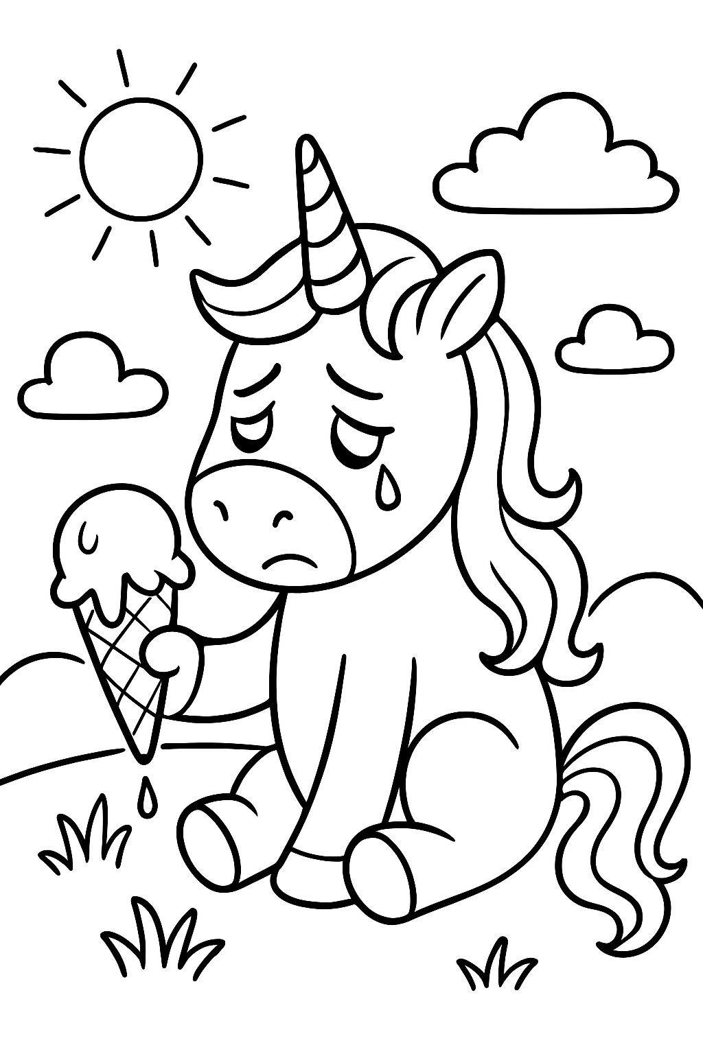 unicórnio triste com sorvete