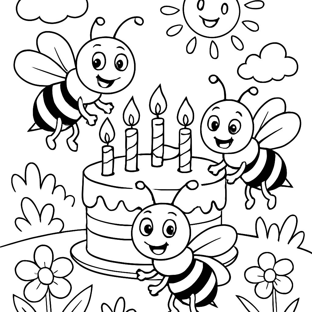 Des abeilles autour d'un gâteau d'anniversaire avec des bougies Des abeilles autour d'un gâteau d'anniversaire avec des bougies