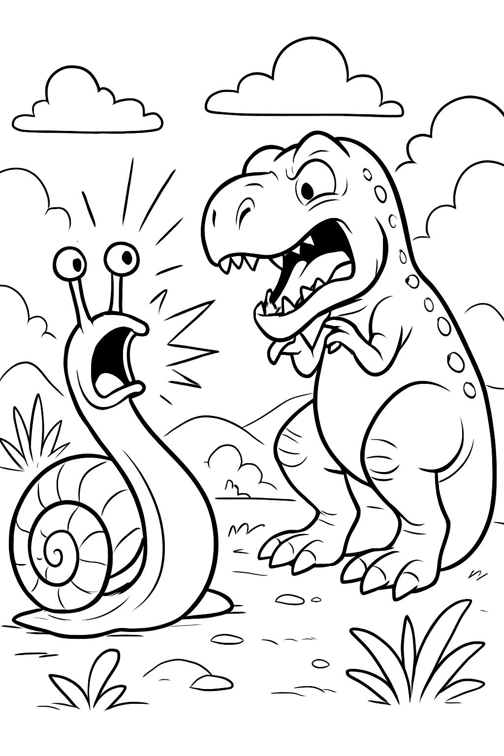 A snail is yelling at a T-Rex. The T-Rex is scared, ducks down, and covers its eyes with its hands.