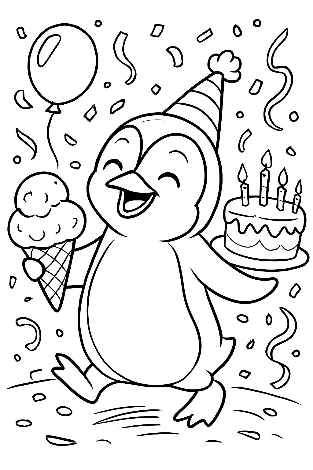 A penguin eating ice cream on its birthday.