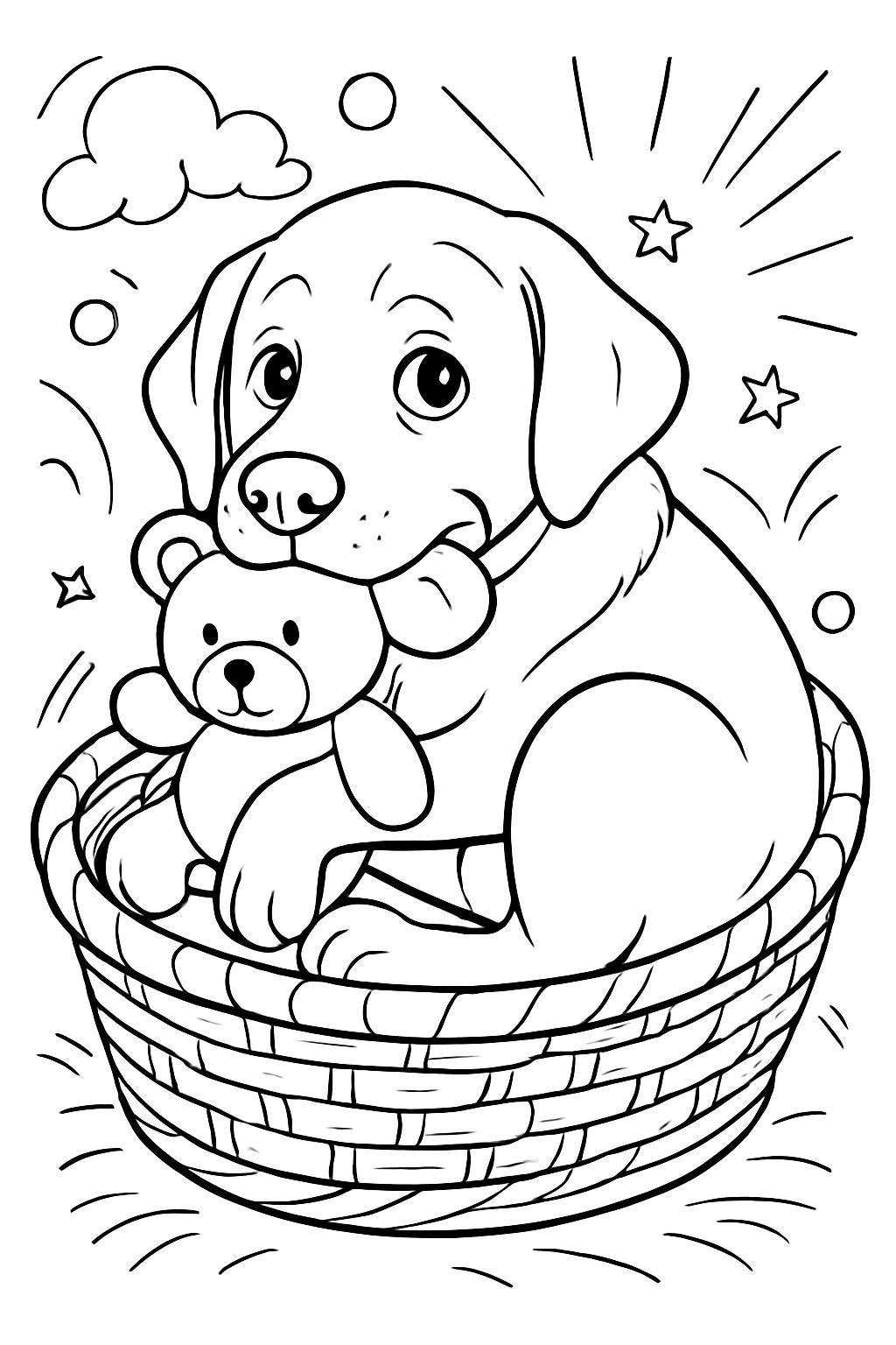 Labrador holding a stuffed toy in his mouth, curled up waiting in a basket