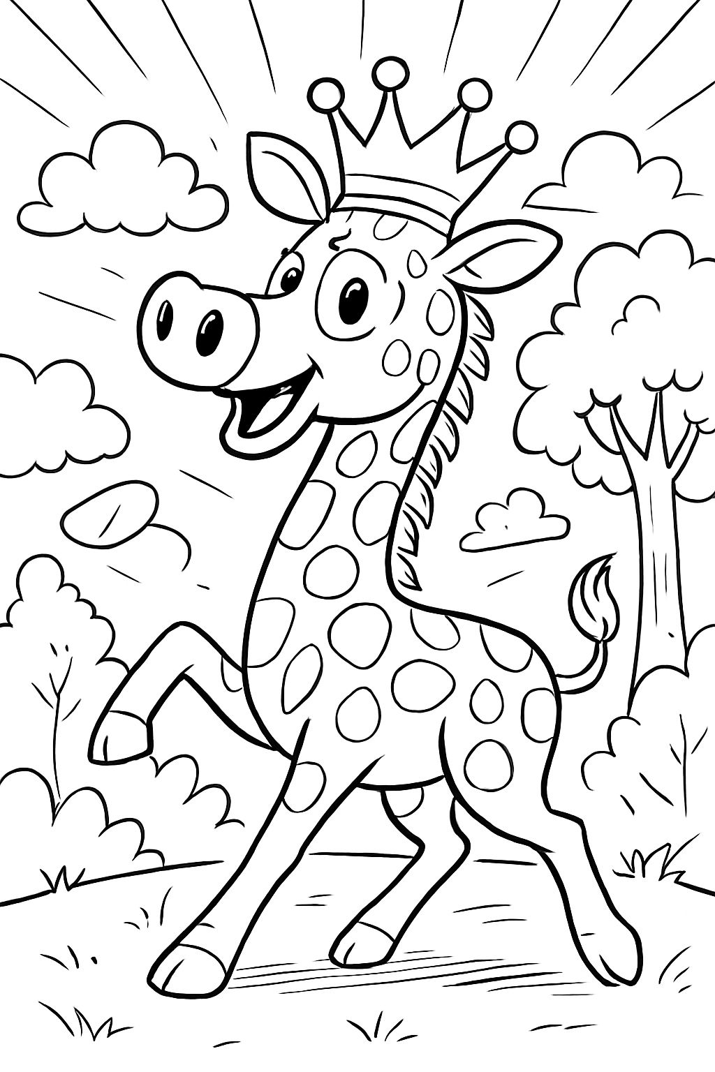 a lanky giraffe with a pig nose and a crown