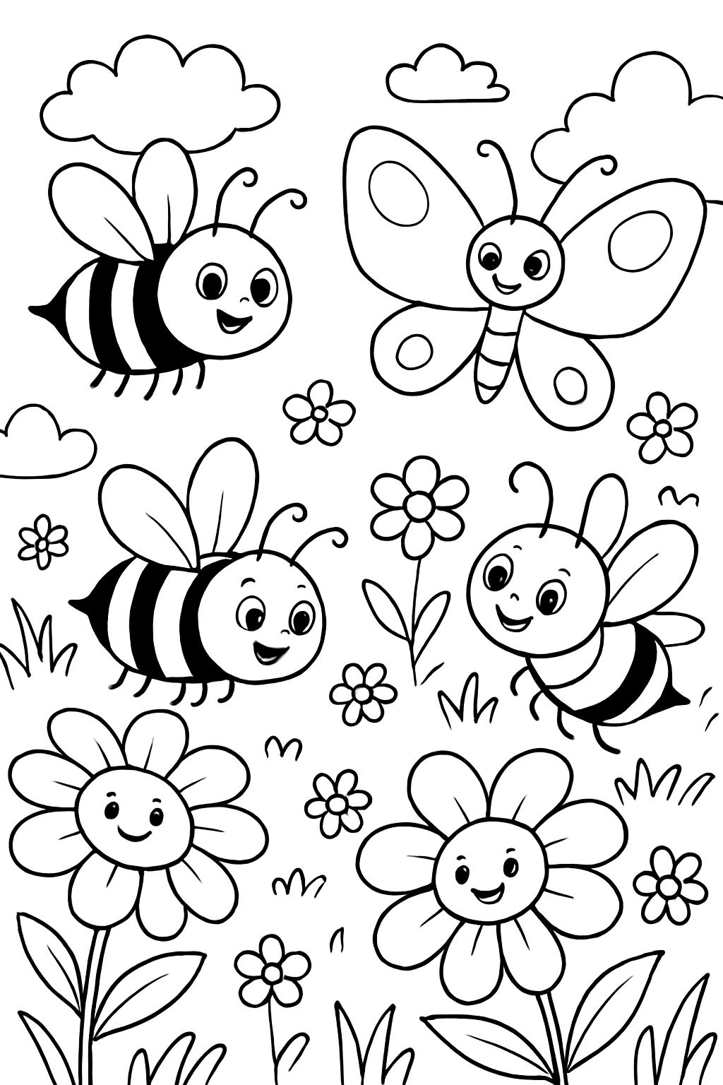 a flower meadow with bees, bumblebees, and butterflies