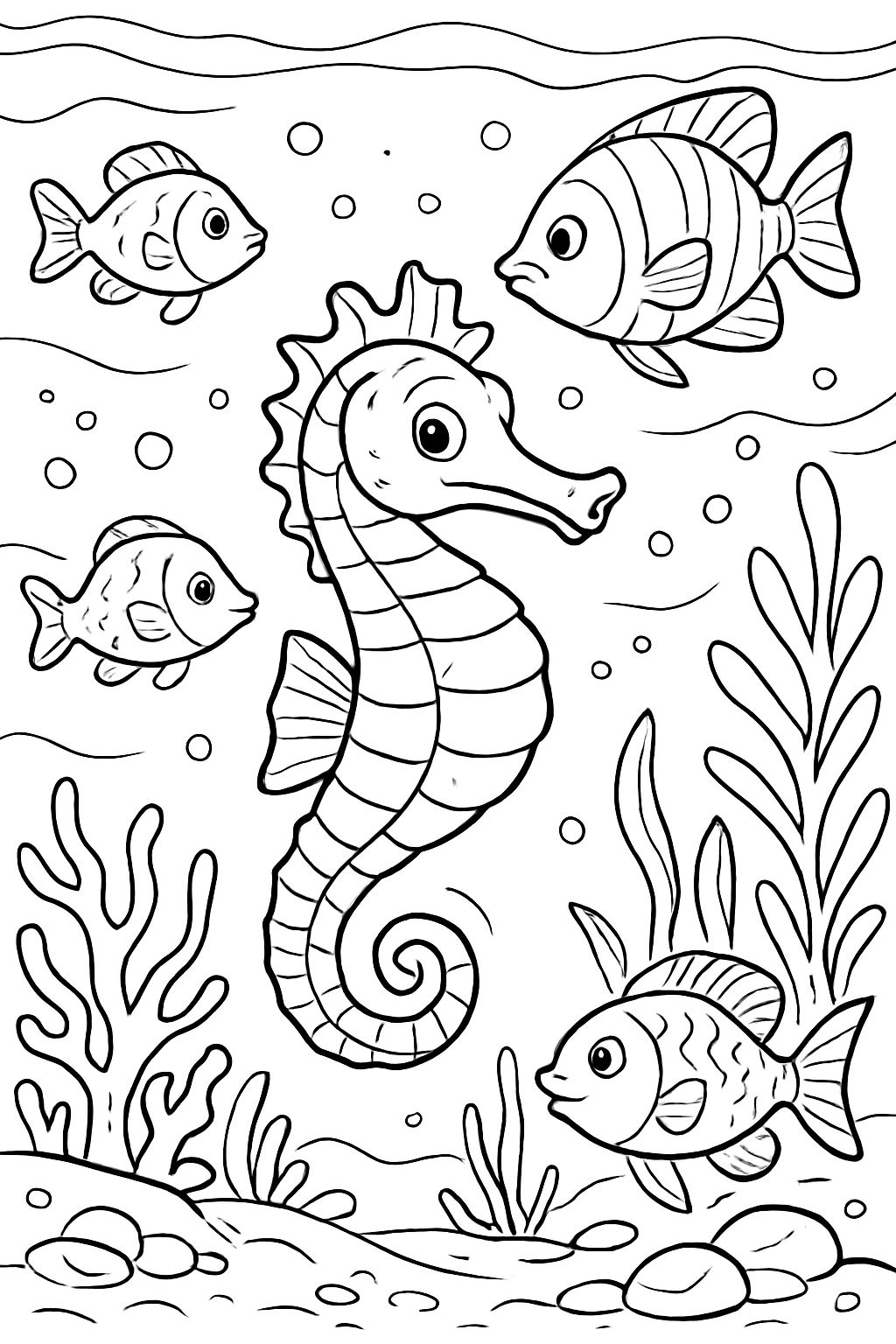 Underwater world with fish, seahorses