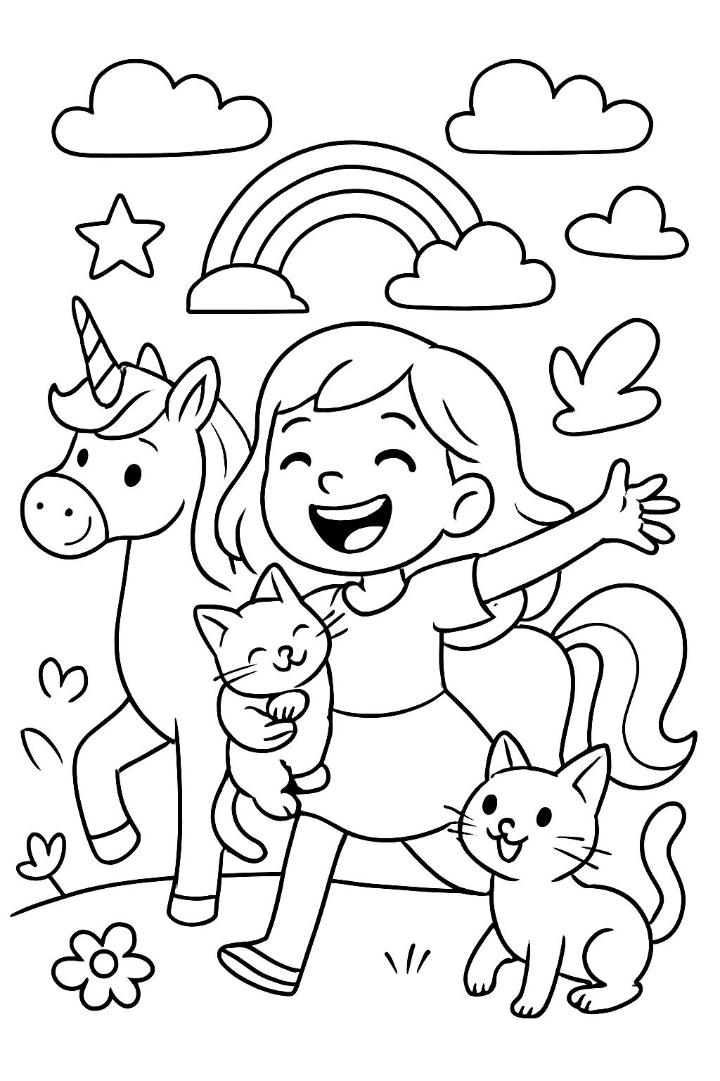 Girl with cats and unicorn