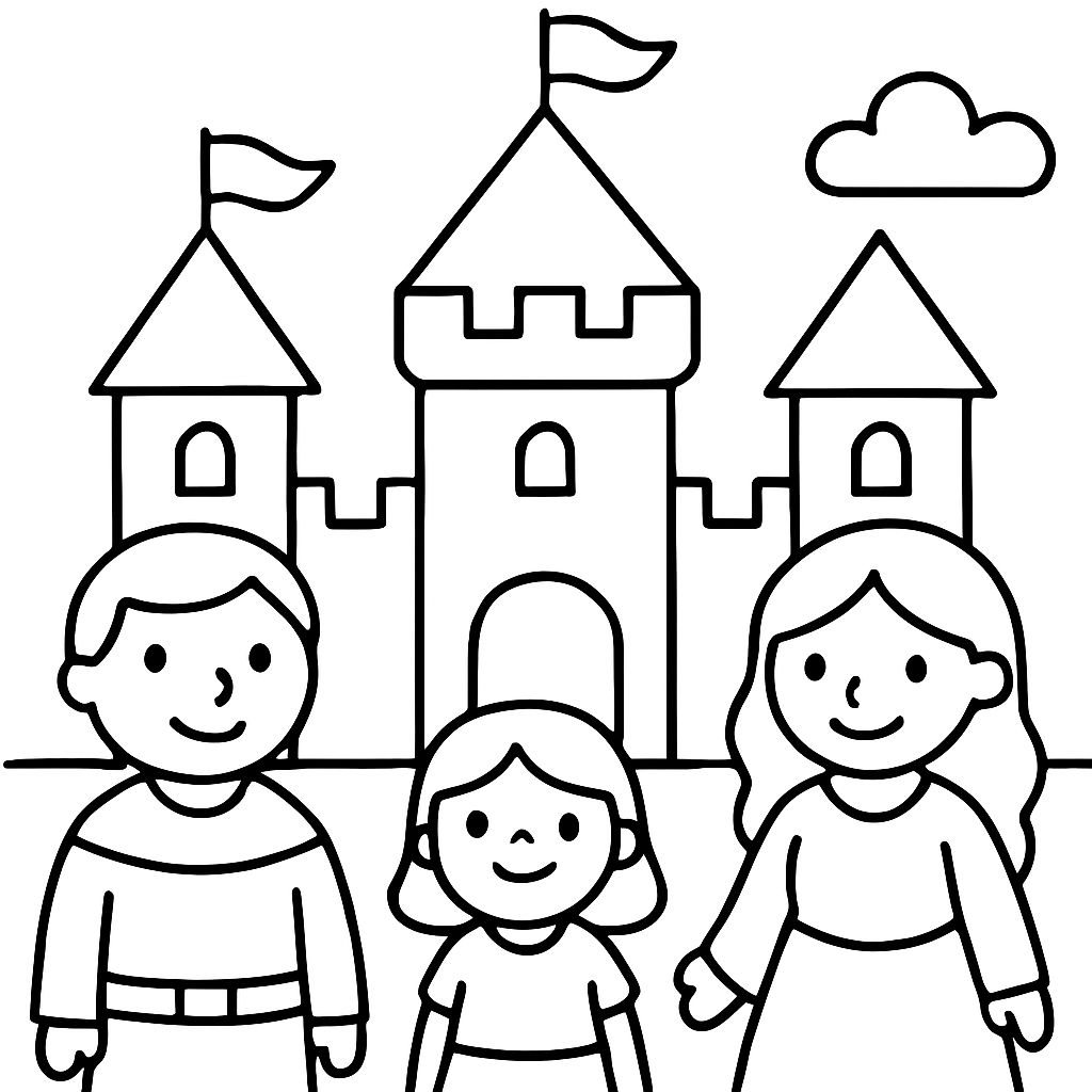 Burg mit einem kleinen Mädchen und zwei Erwachsenen, einem Mann und einer Frau. Burg mit einem kleinen Mädchen und zwei Erwachsenen, einem Mann und einer Frau.