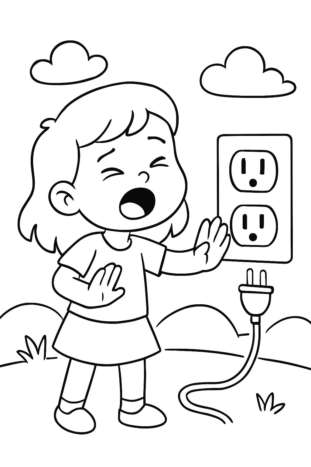 Girl saying no in front of a light socket.
