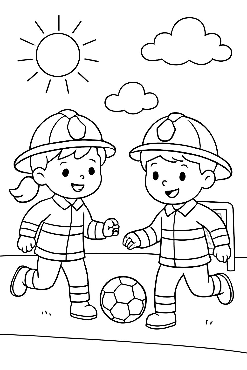 A girl and a boy are playing soccer on the soccer field. They are wearing firefighter uniforms. In the sky, there are sun and clouds.