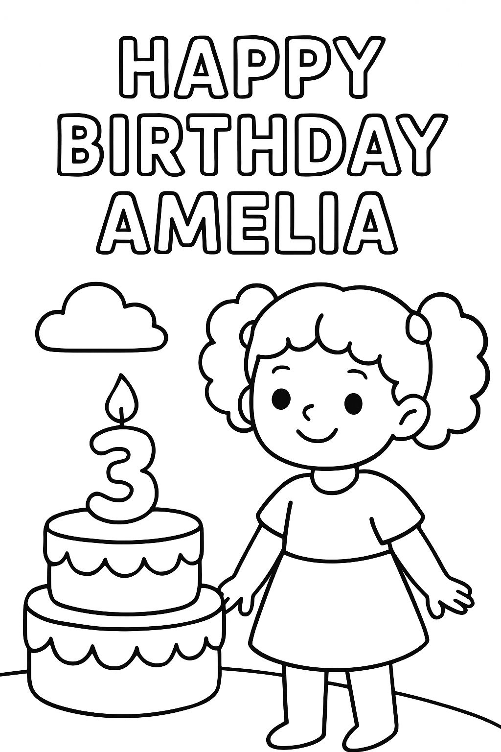 happy birthday amelia with a birthday cake with a number 3 candle and a girl with curly hair in pigtails happy birthday amelia with a birthday cake with a number 3 candle and a girl with curly hair in pigtails