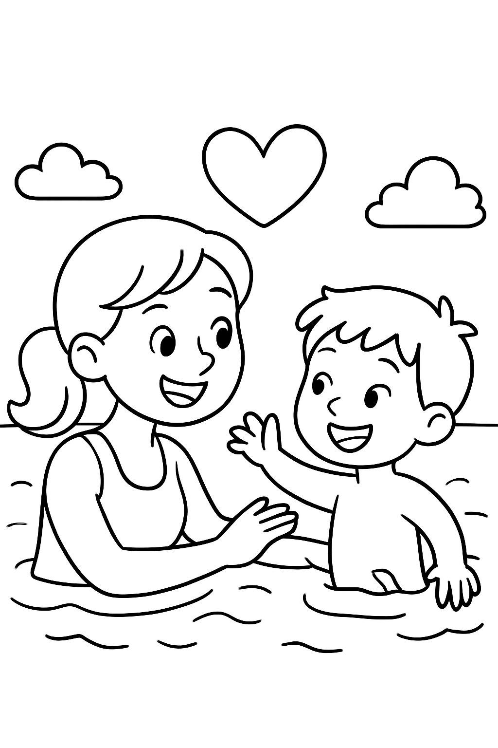 A blonde mom and son swimming together with a heart.