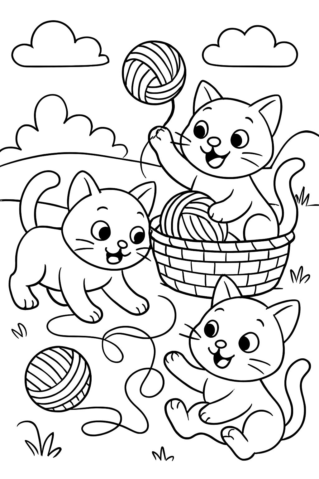 Kittens playing with wool and a basket with wool