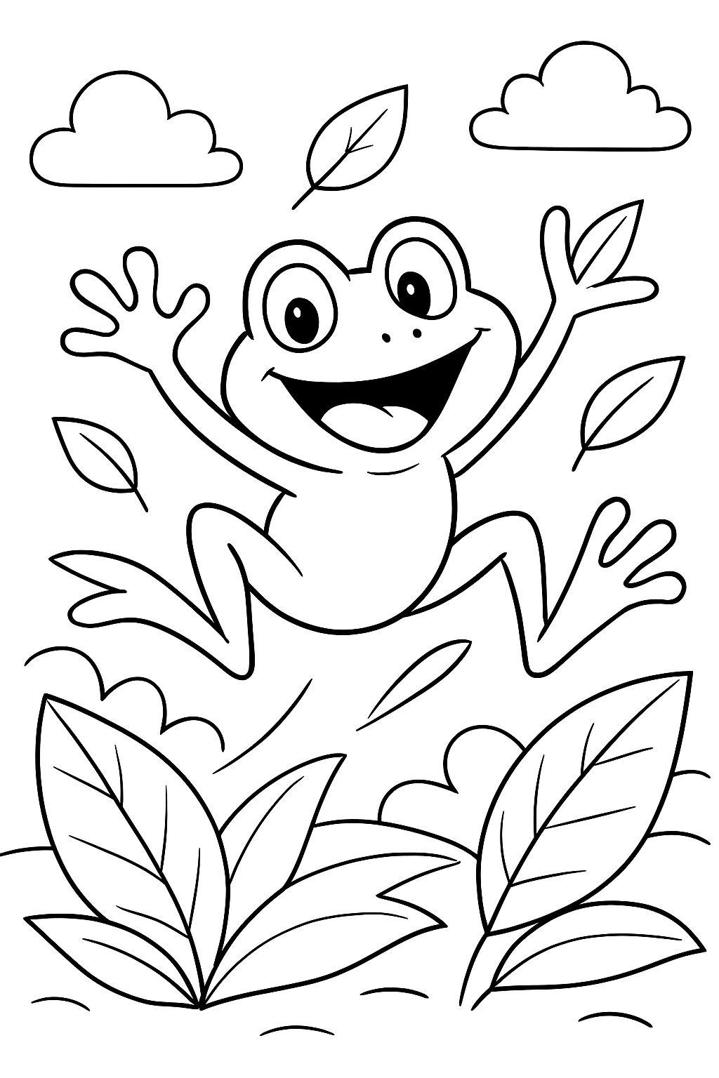 Um sapo alegre pulando entre folhas.