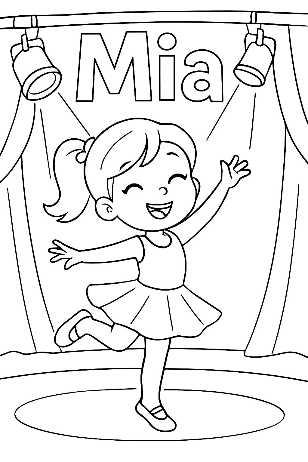 A girl dancer on stage with the name Mia and stage lights.
