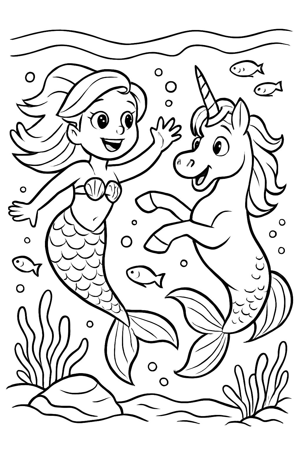 a mermaid dives in the sea with a unicorn having grown fins