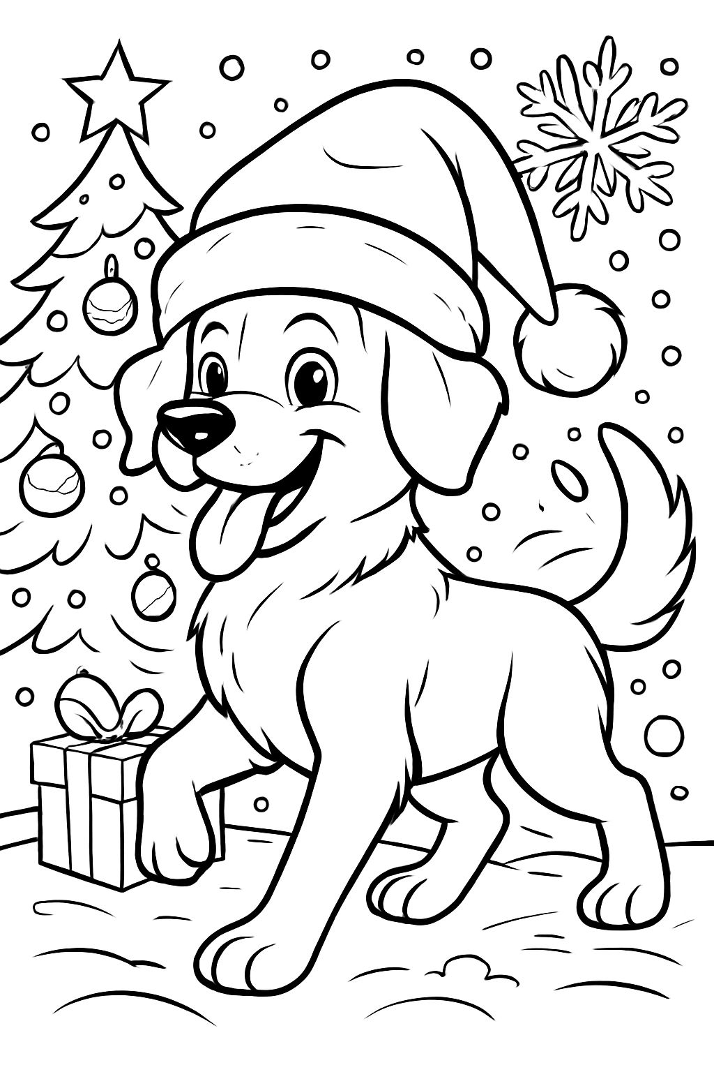una página para colorear de Navidad con un perro que lleva un gorro navideño. una página para colorear de Navidad con un perro que lleva un gorro navideño.