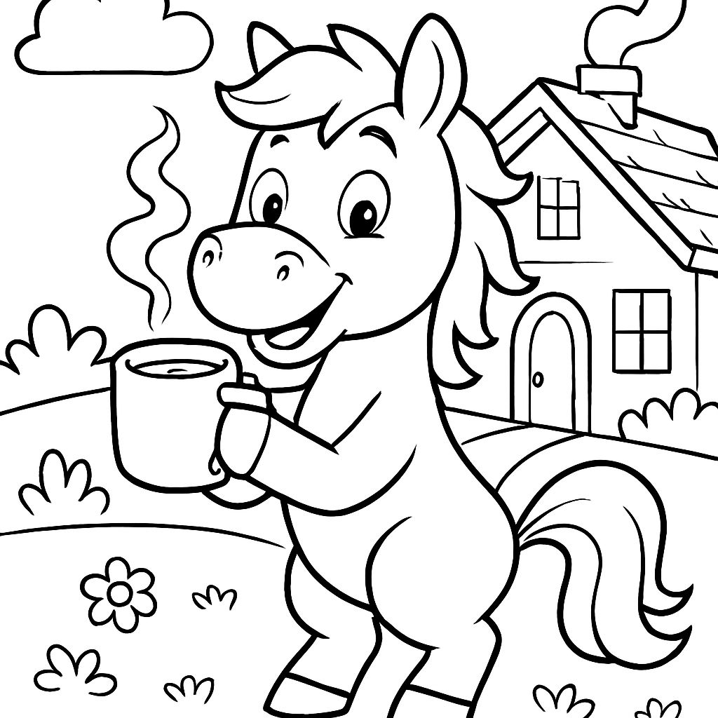 caballo fuera de la casa bebiendo chocolate caliente caballo fuera de la casa bebiendo chocolate caliente