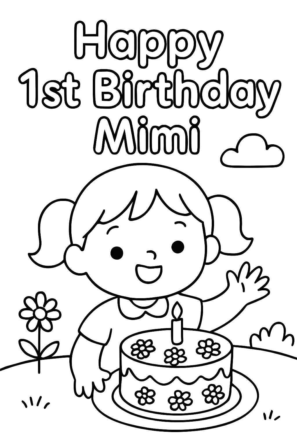 Feliz 1º Aniversário Mimi com um bolo de aniversário de flores margaridas.
