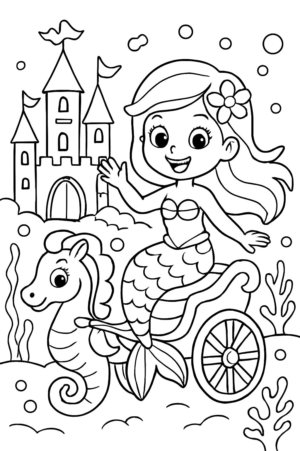 Sirène avec château sous-marin et carrosse de hippocampe