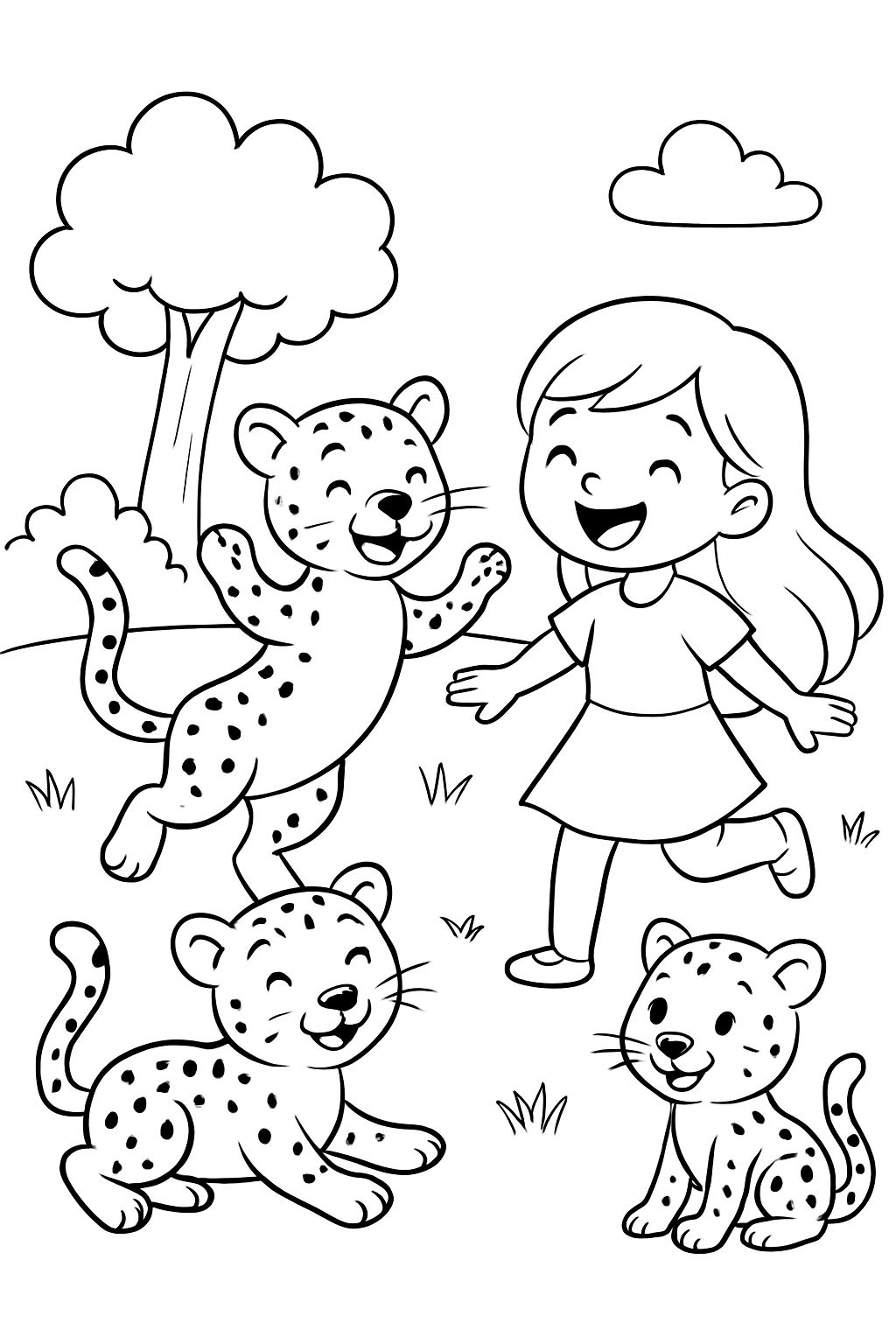 Des guépards jouant avec une petite fille aux longs cheveux.