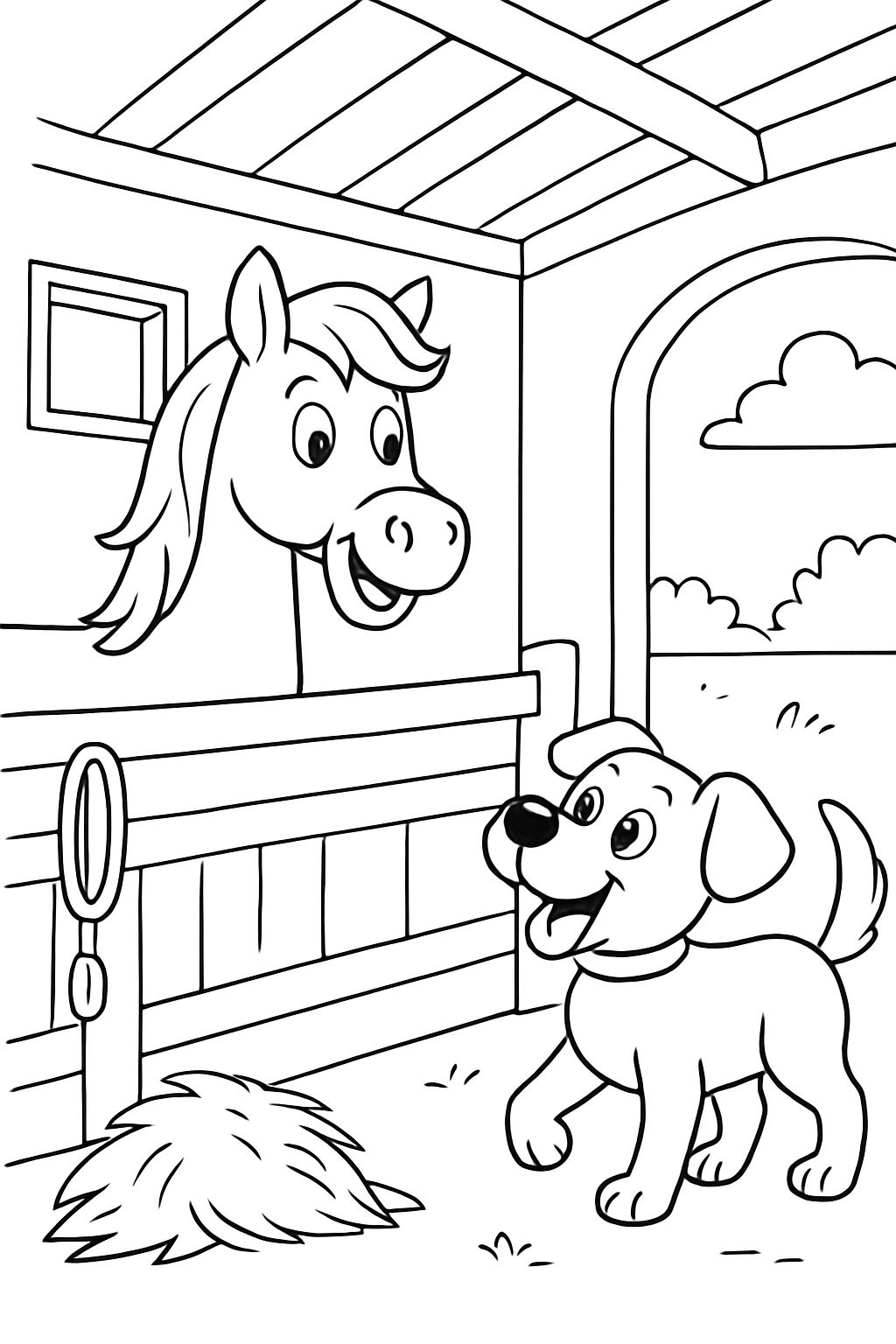 Ein pferd mit einem Hund im stall