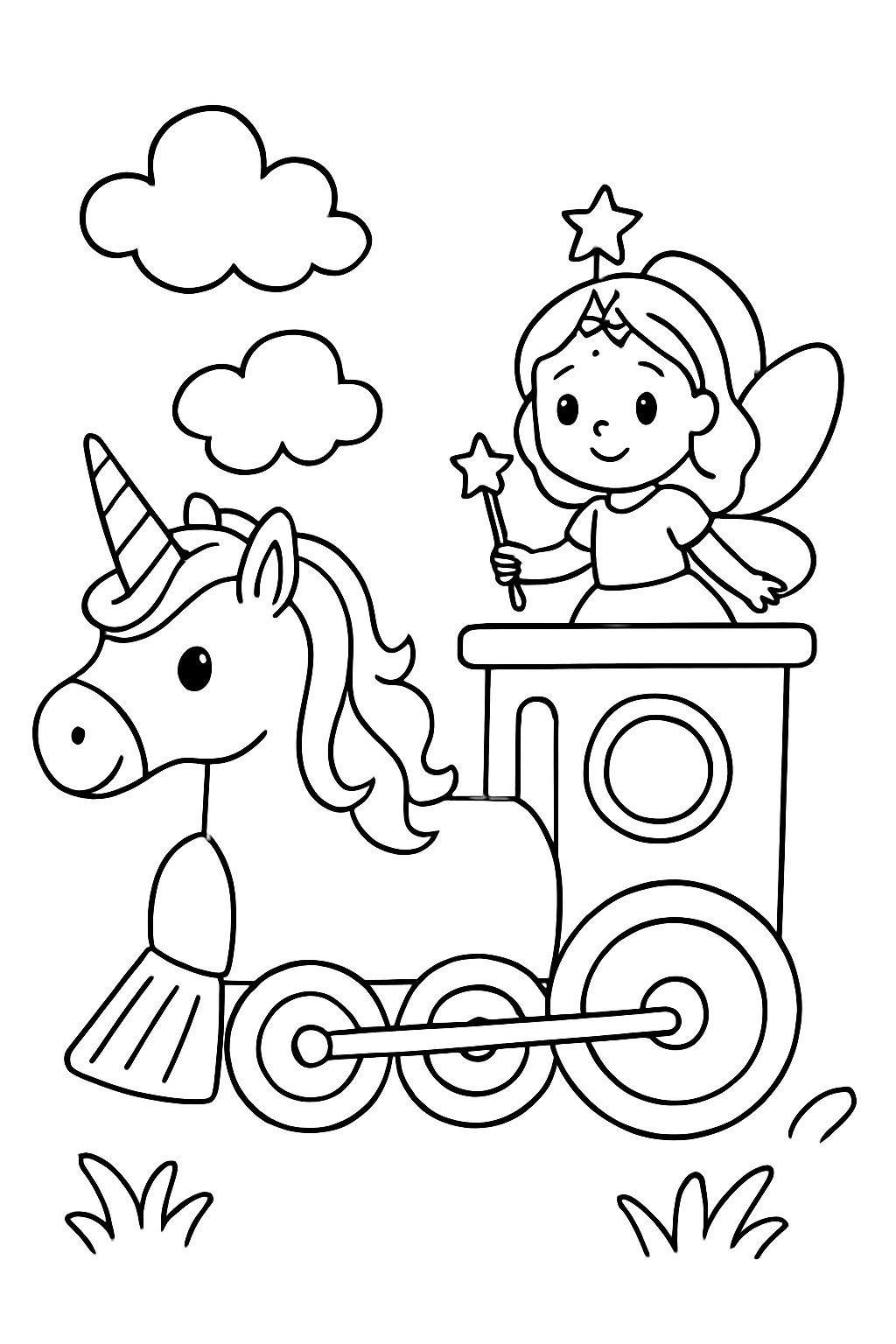 a unicorn locomotive driven by a fairy