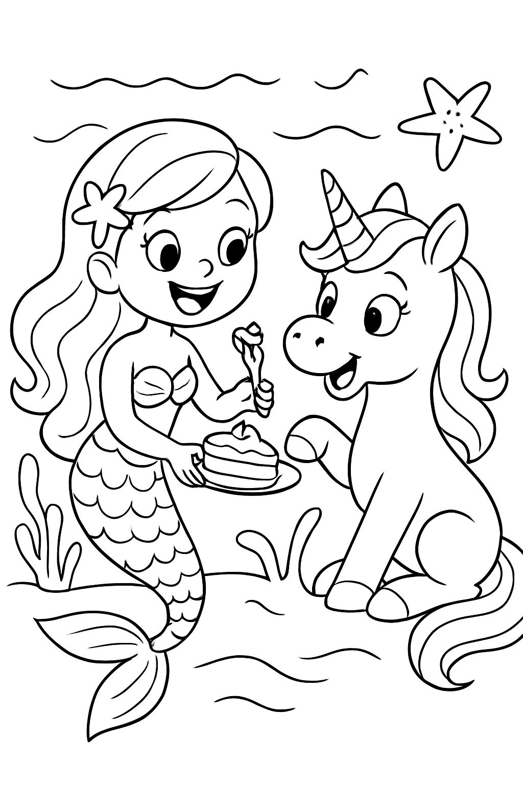 Sirène avec une licorne mangeant du gâteau