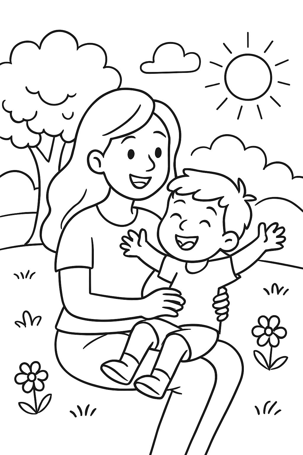 a mom sitting with her little son in a park