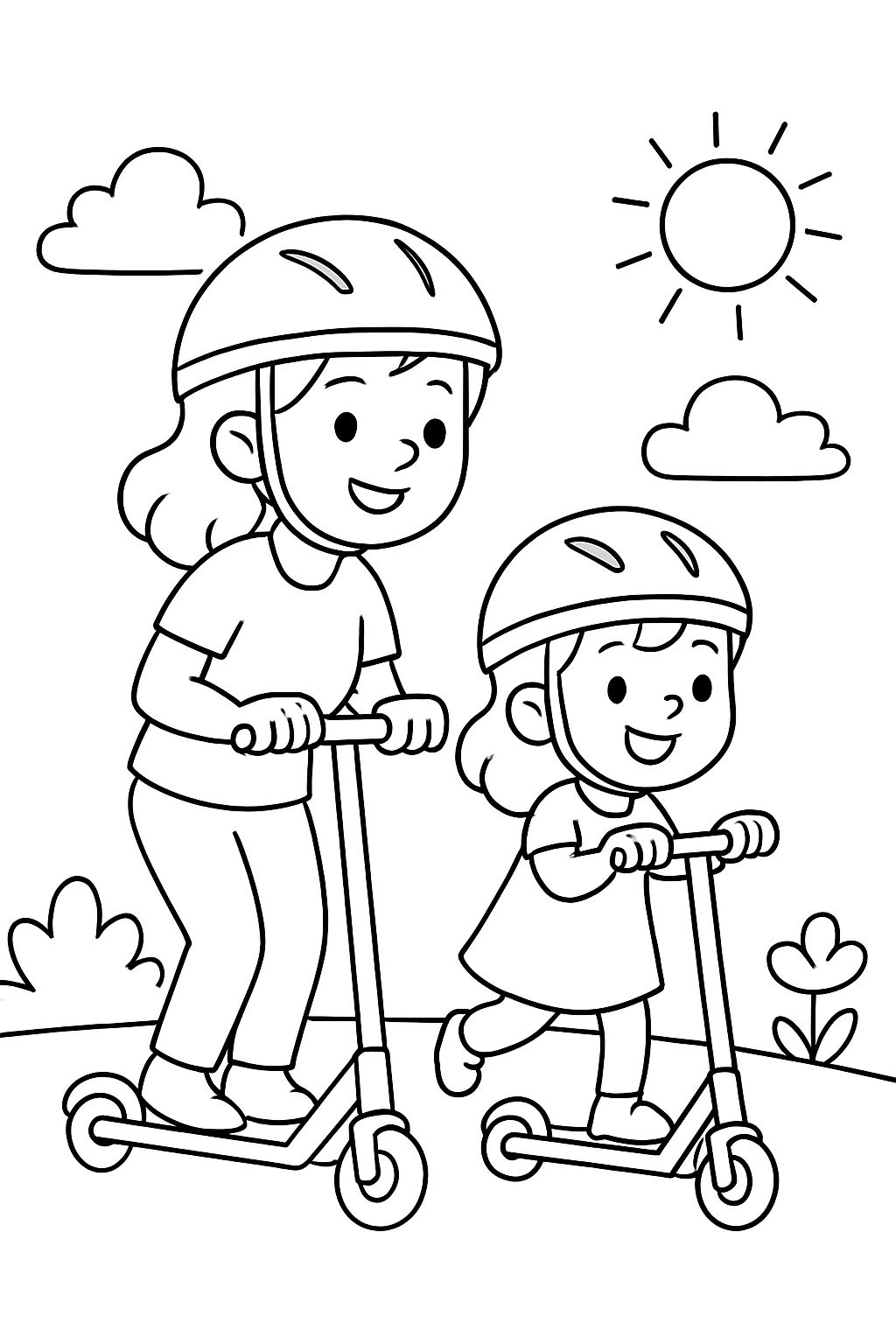 Mom and daughter riding scooters while wearing helmets