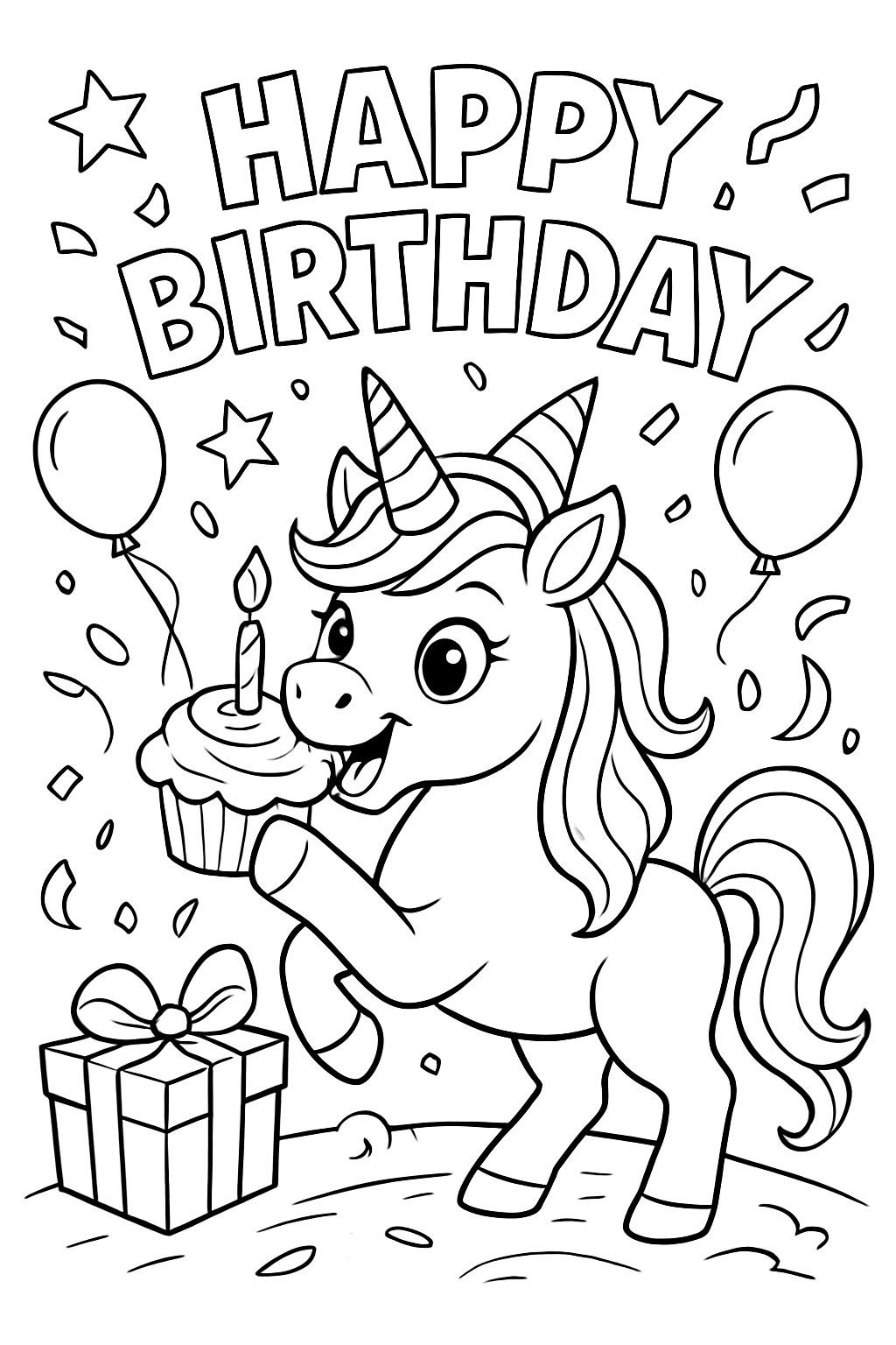 A birthday unicorn eating a cupcake with the words 'happy birthday'.