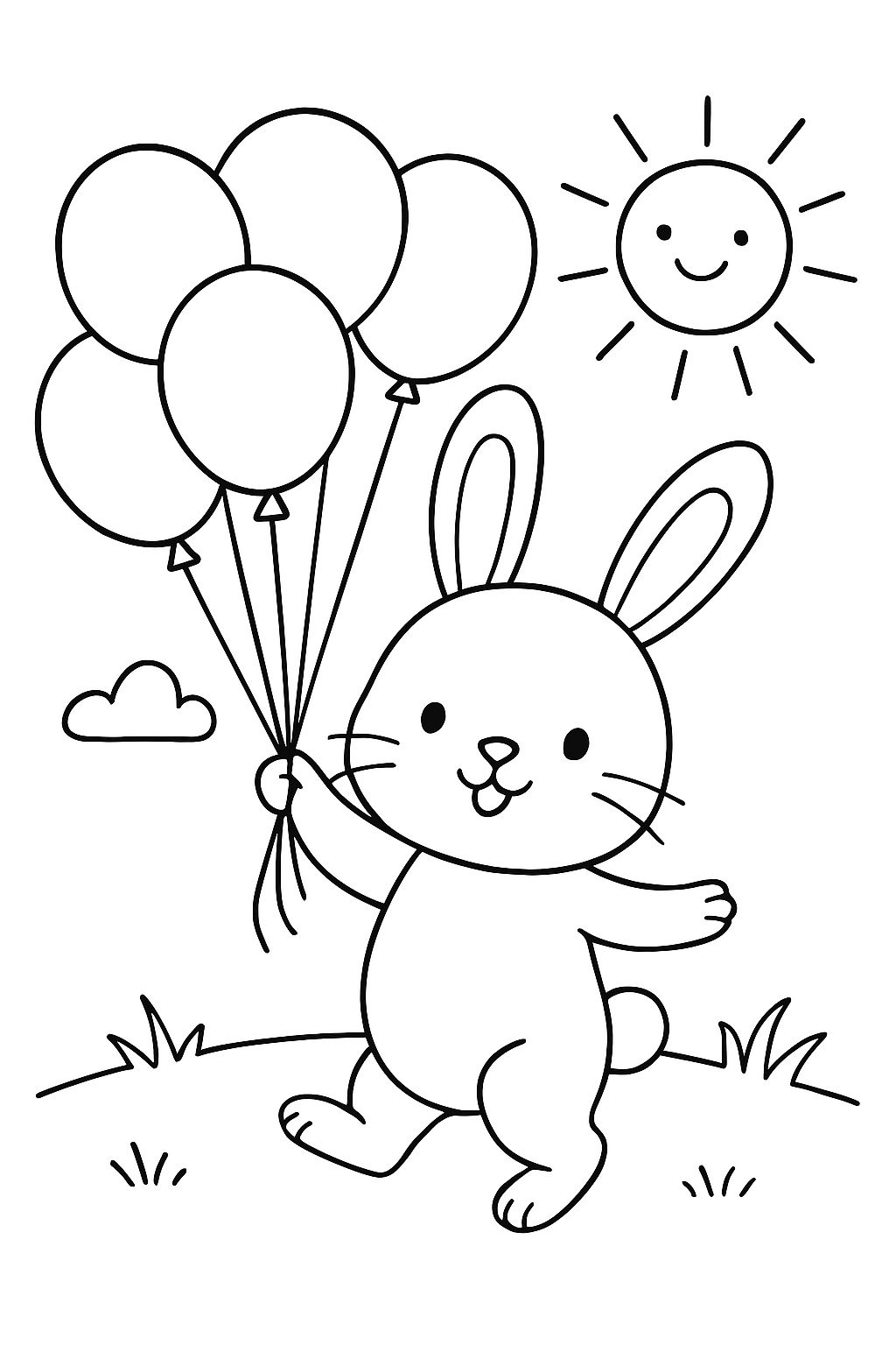 un lapin avec 7 ballons et du soleil