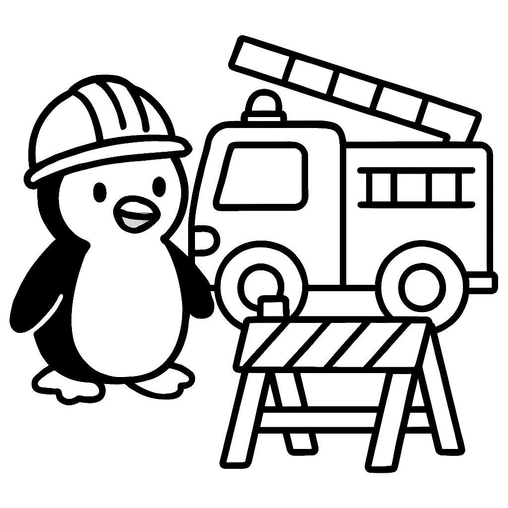 A penguin on a construction site with a fire truck A penguin on a construction site with a fire truck