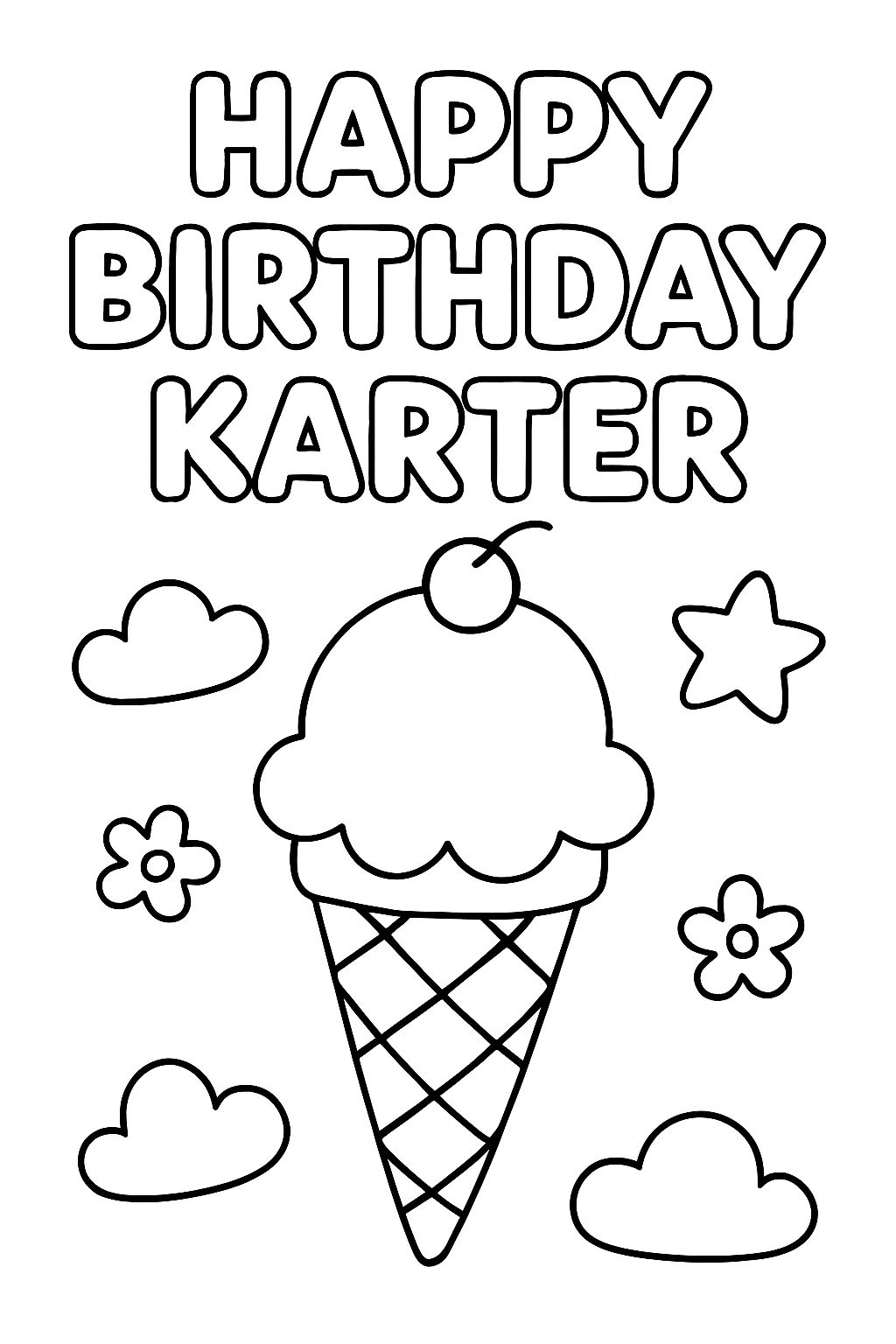 Happy Birthday Karter in bubble letters and an ice cream cone.