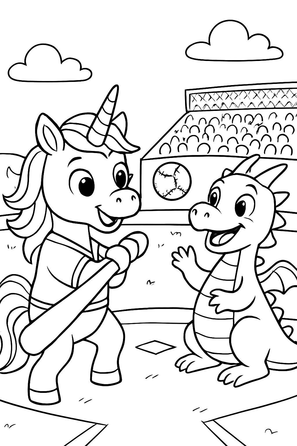 Ein Einhorn und ein Drache bei einem Baseballspiel Ein Einhorn und ein Drache bei einem Baseballspiel