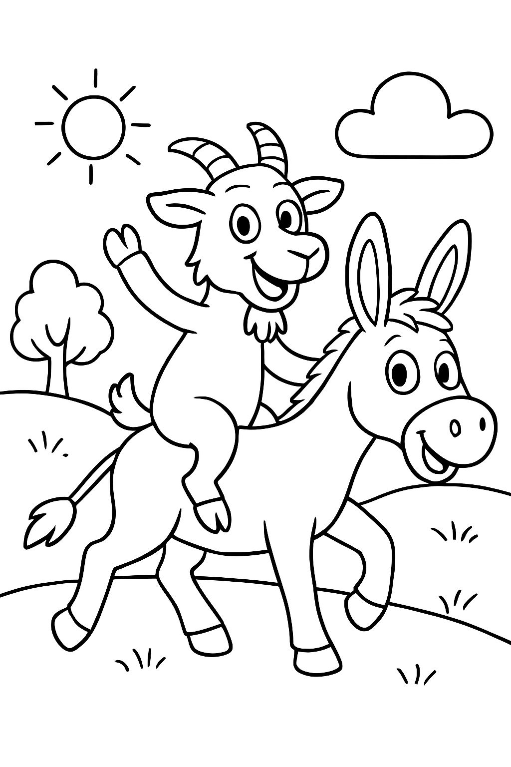 Eine Ziege reitet auf einem Esel.