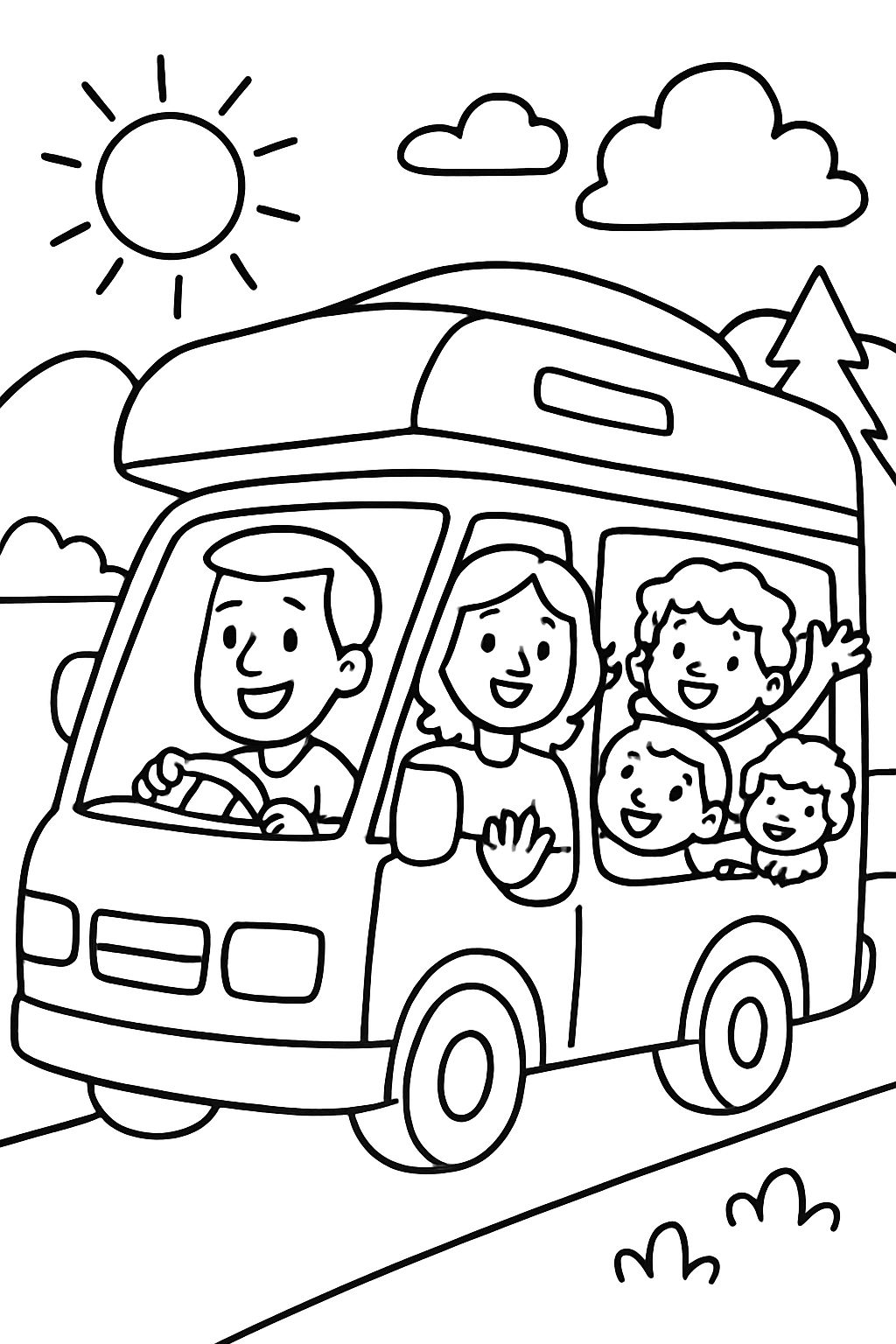 Uma família de 5 pessoas viajando de férias em seu motorhome. Papai está dirigindo na frente. Mamãe está atrás com as 3 crianças: o menino de 5 anos, a menina de cabelos cacheados (3 anos) e um bebê.