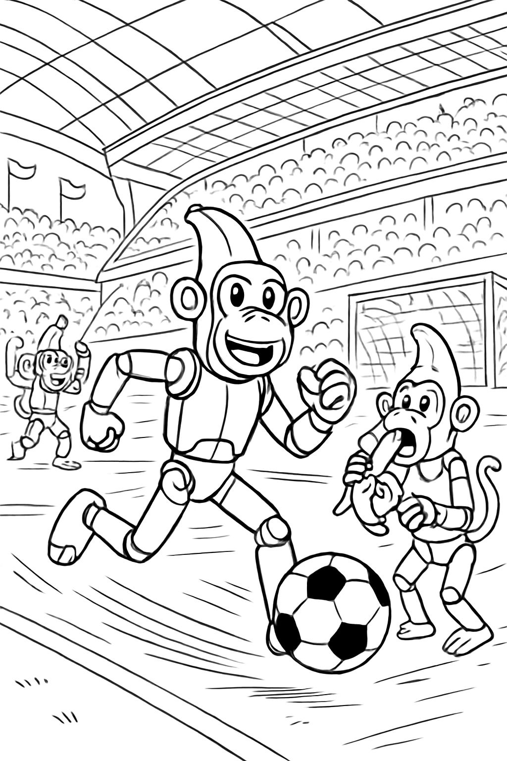 Stade de football avec des singes robots mangeant des bananes et jouant au football