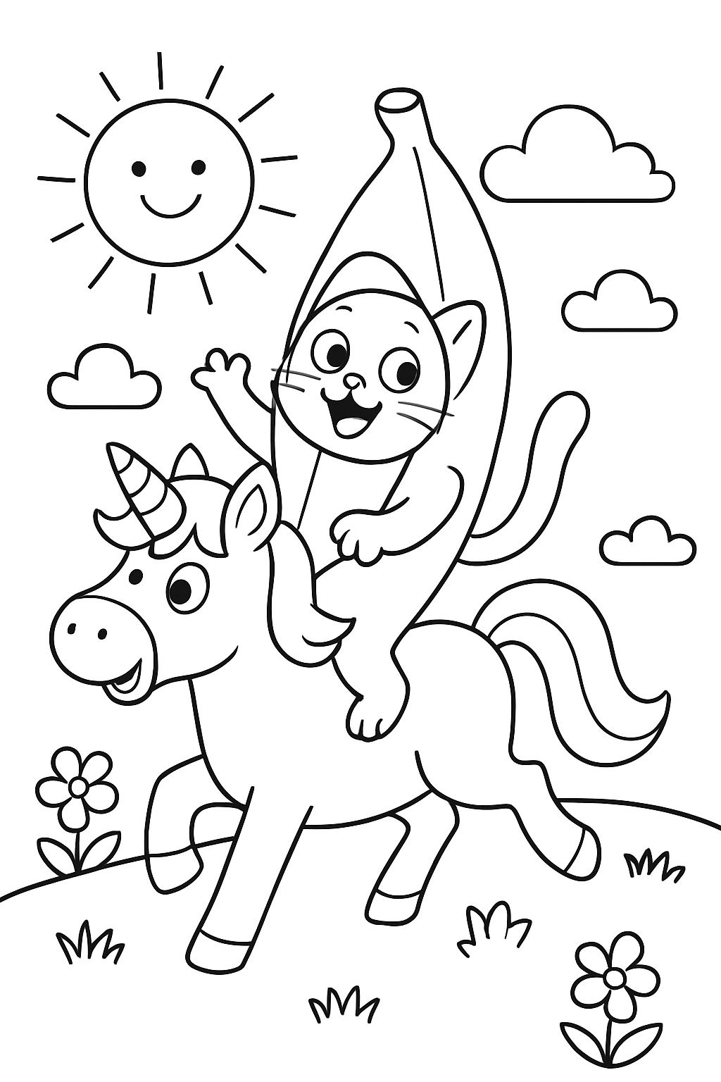 eine Katze, die auf einem Einhorn reitet, das einen Bananenkostüm trägt