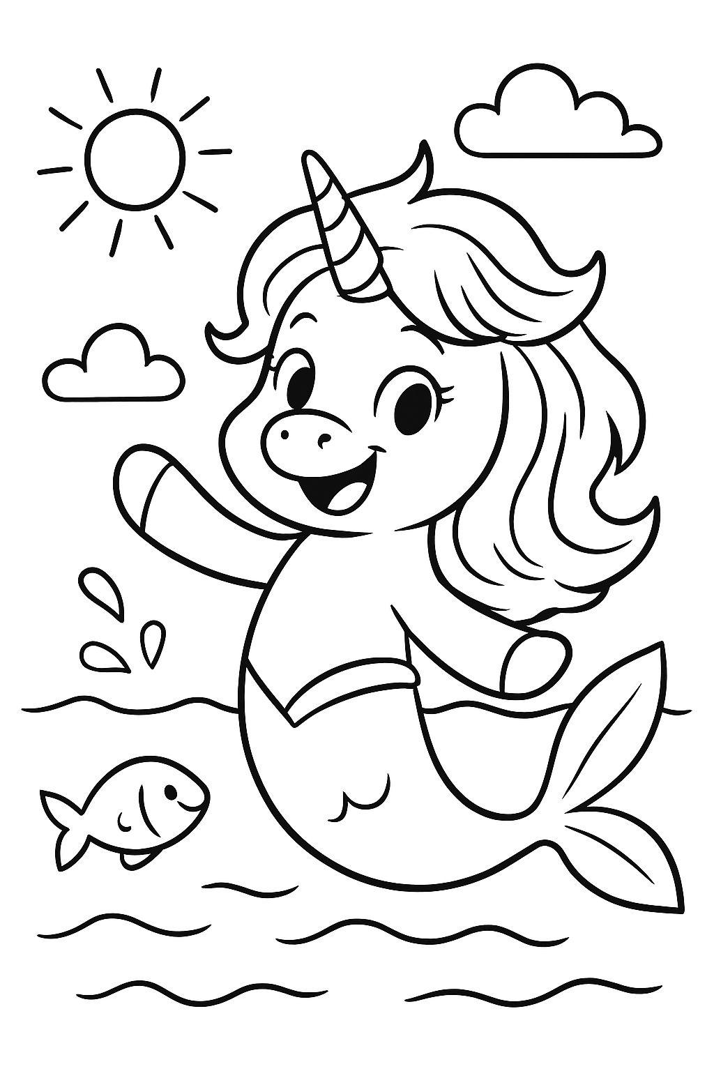 une licorne nageant avec une nageoire de dauphin et une coiffure rock