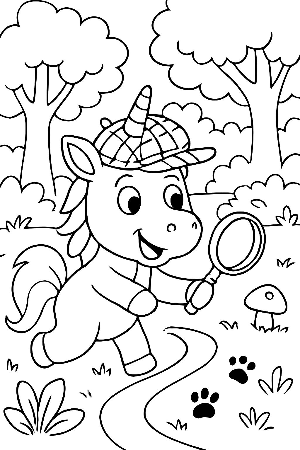 a detective unicorn is looking for clues in the forest