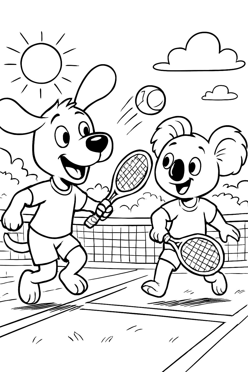 Un chien et un koala jouant au tennis ensemble.