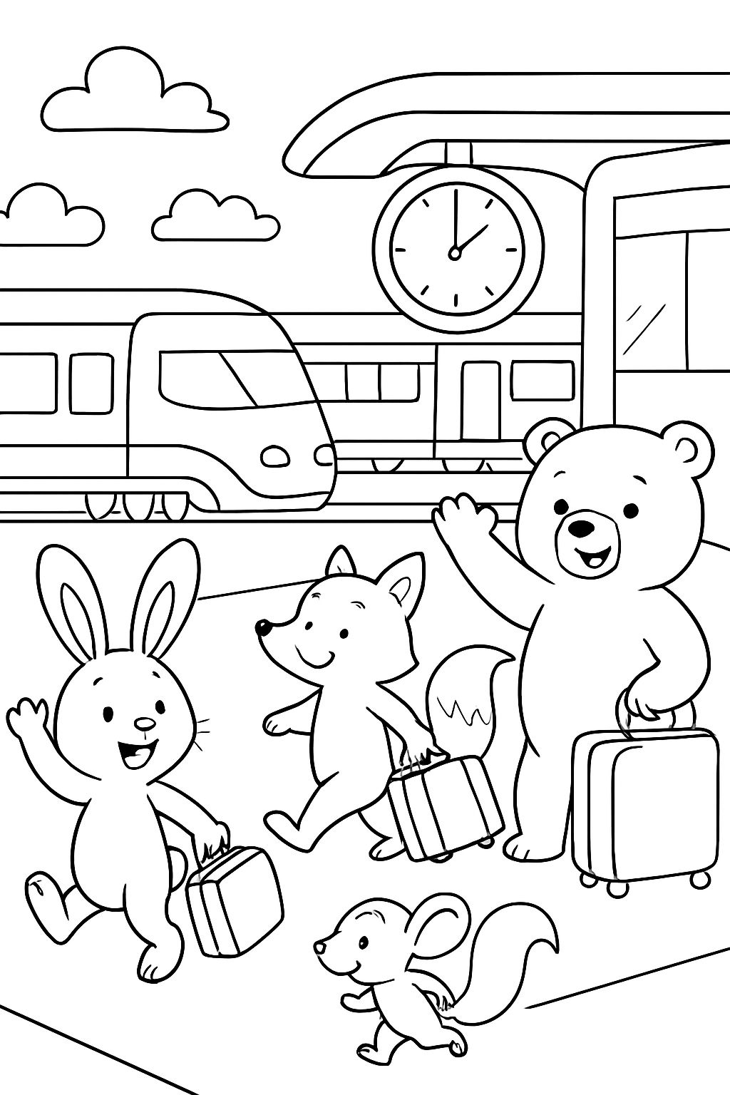 une gare moderne avec des animaux comme voyageurs, des bagages et des trains