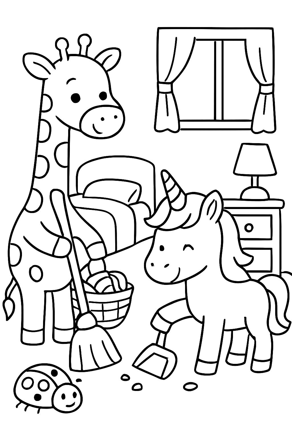 A giraffe, a beetle, and a unicorn are tidying up a room