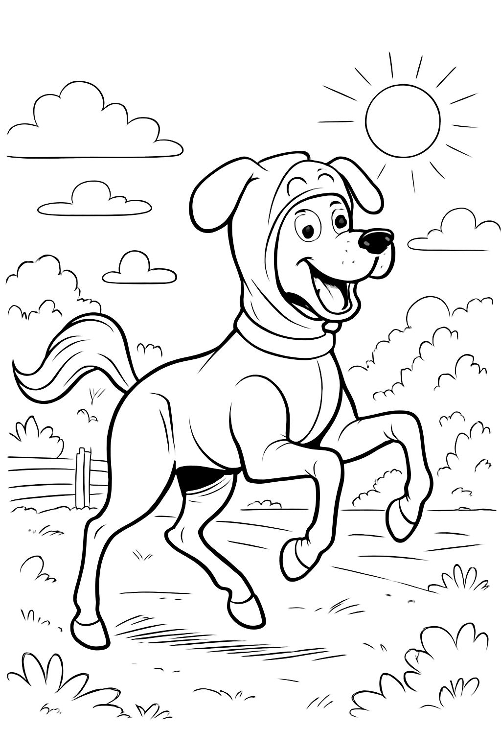 Um cavalo vestindo uma fantasia de cachorro