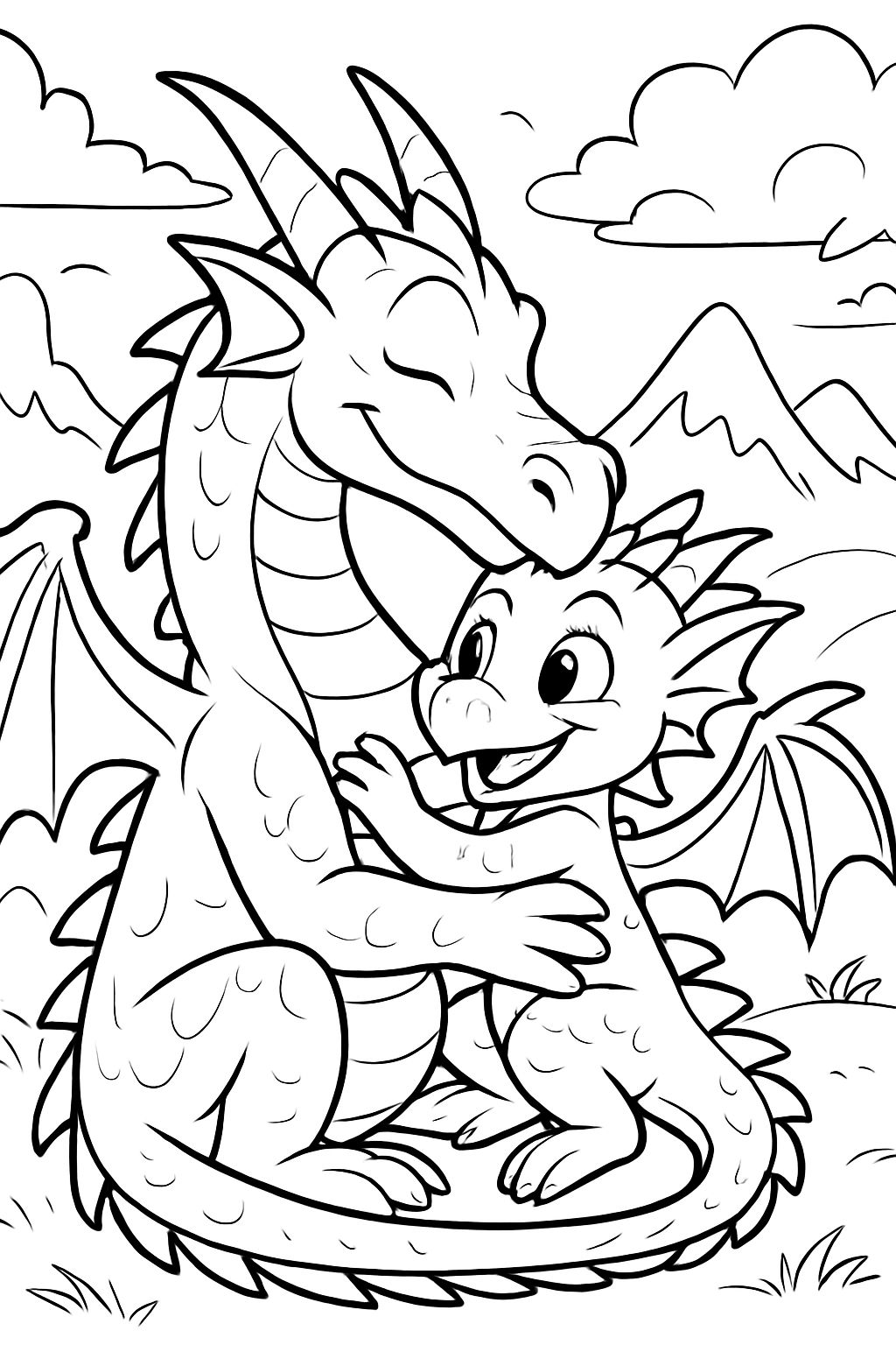 A daddy dragon and a young female dragon. They are having a cuddle. A daddy dragon and a young female dragon. They are having a cuddle.