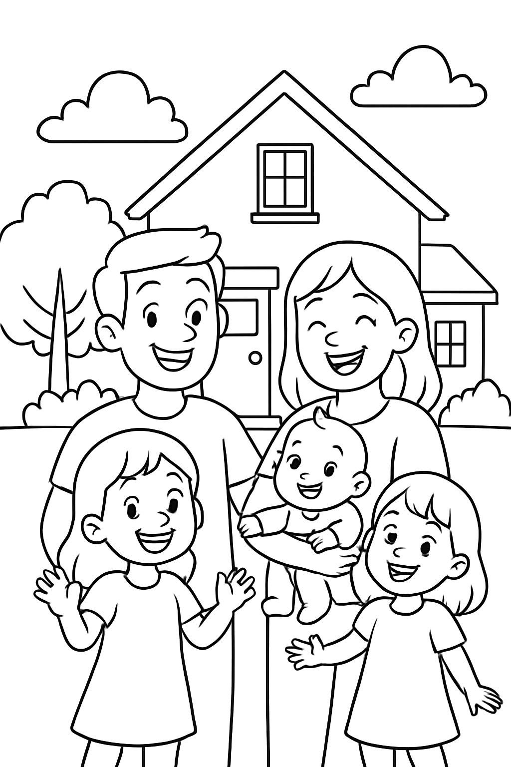 Uma família de 5 com 2 irmãs e um bebê nos braços da mãe em frente a uma casa. Uma família de 5 com 2 irmãs e um bebê nos braços da mãe em frente a uma casa.