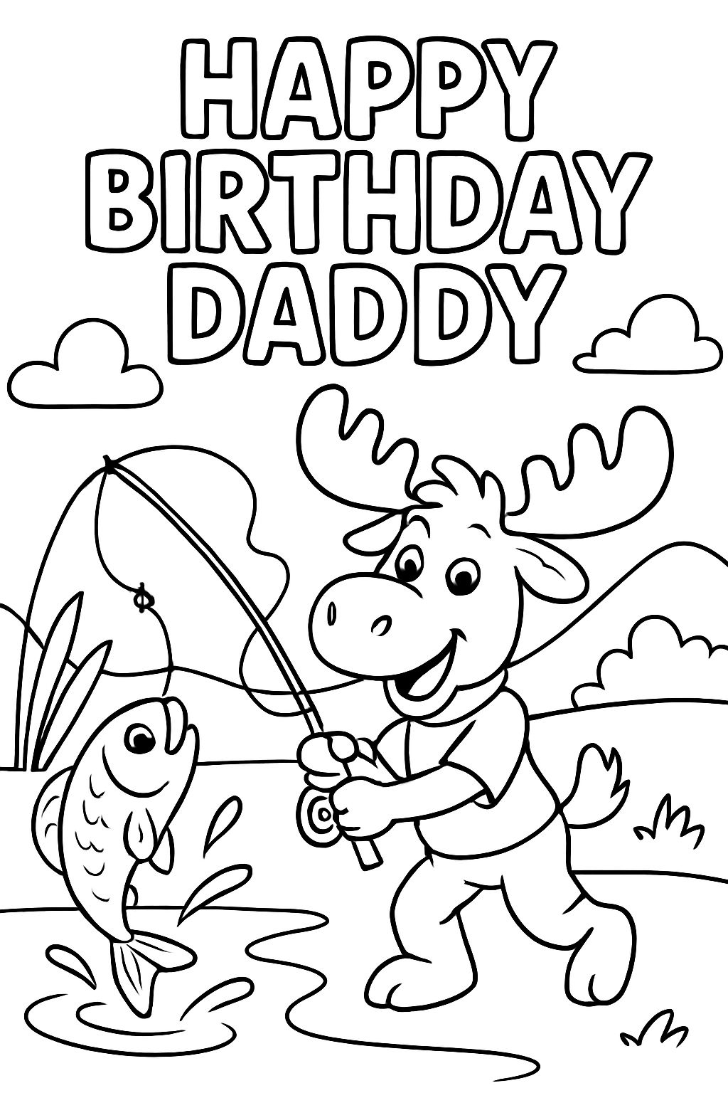 FELIZ ANIVERSÁRIO PAPAI PALAVRAS COM UM ALCE PESCANDO.