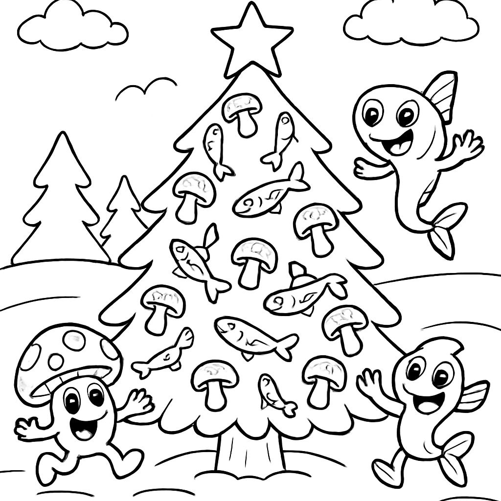 A christmas tree decorated with anchovies and mushrooms. A christmas tree decorated with anchovies and mushrooms.